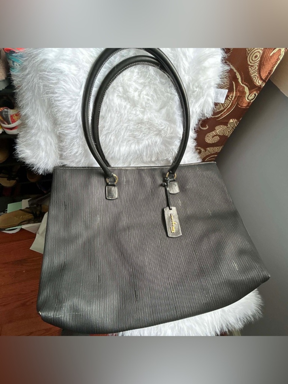 Salvatore Ferragamo Black Textured Tote with Branded Tag